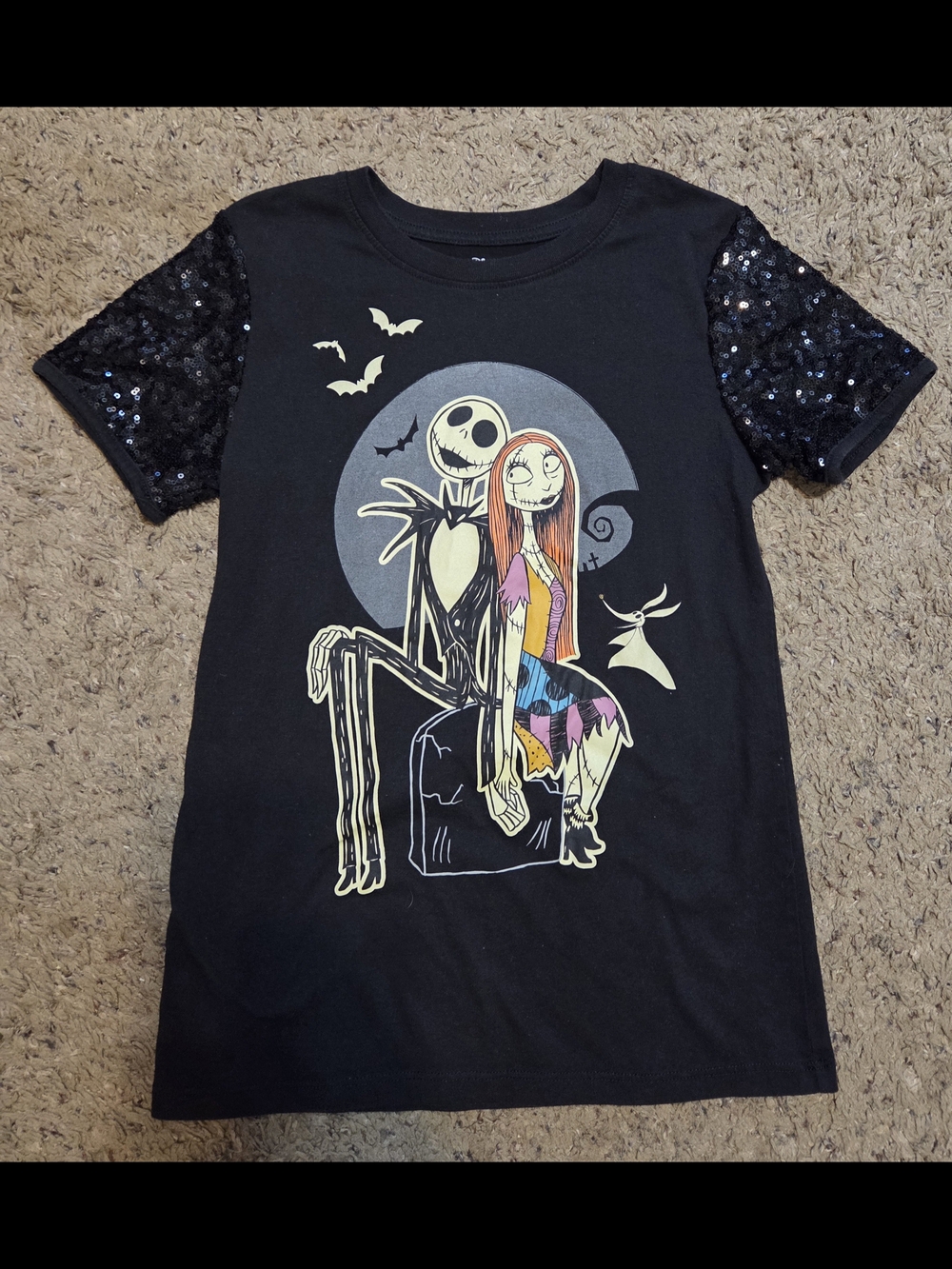 Disney Kid's Black Sequin Sleeve The Nightmare Before Christmas Graphic Tee